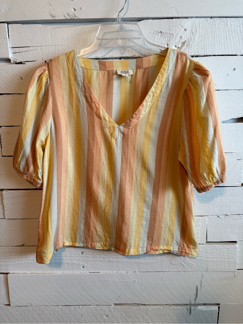a.n.a Striped V-Neck Puff Sleeve Top - Yellow & Peach